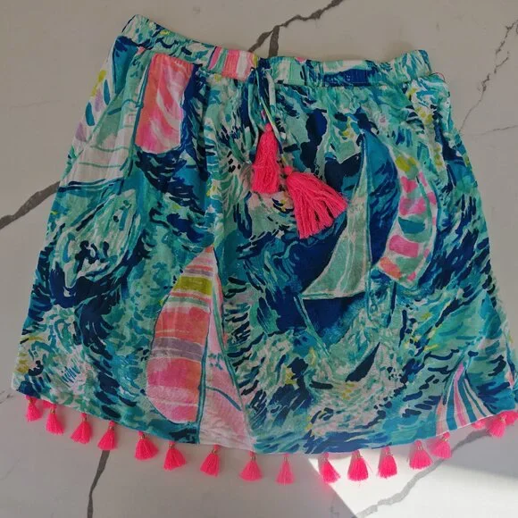 Lilly Pulitzer Style Tropical Tassel Skirt XS – Turquoise Pink Print Resort Beac - Picture 2 of 8